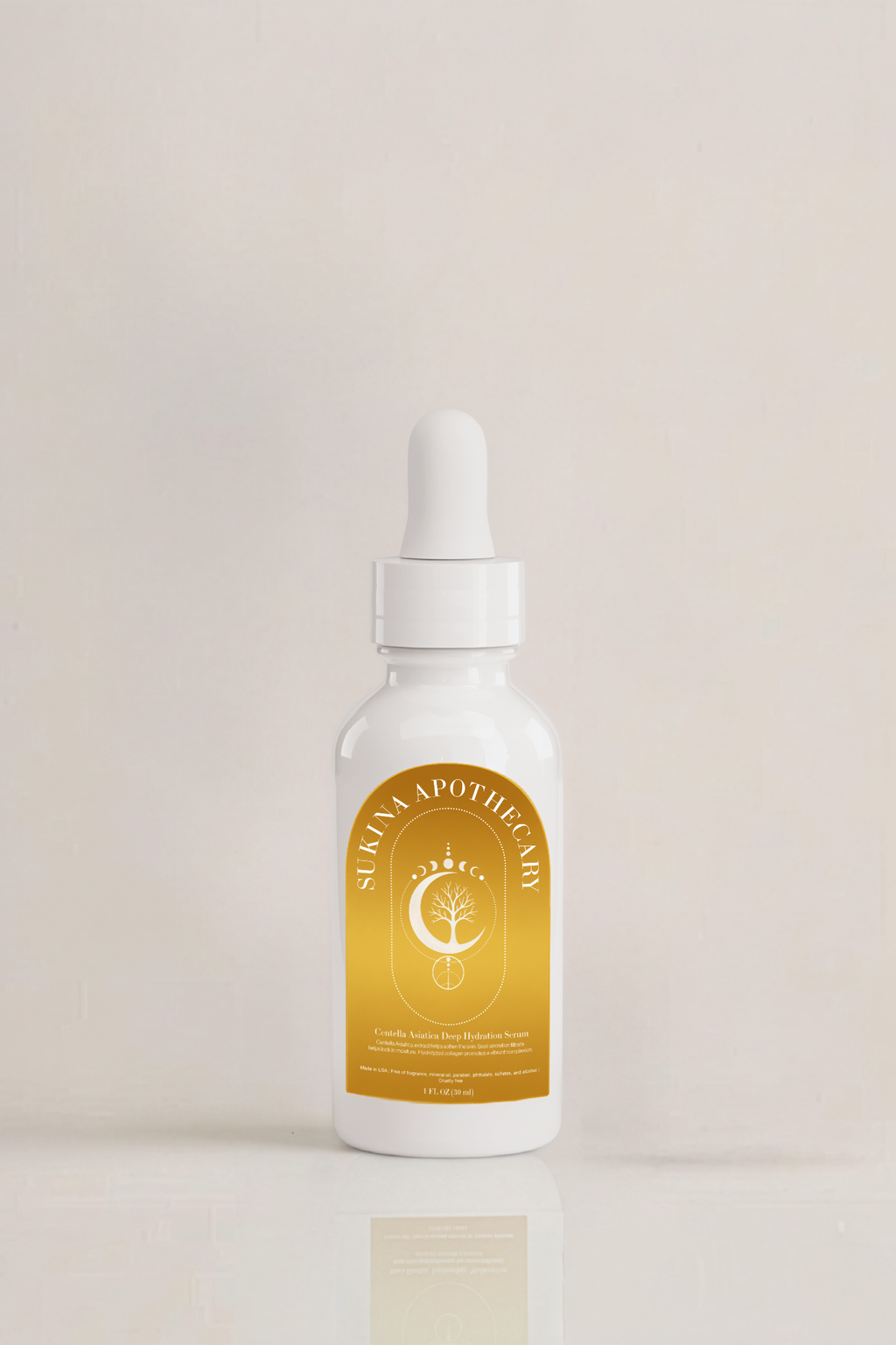 Sukina Apothecary's Centella Asiatica Snail Mucin Face Serum bottle — hydrating and repairing facial serum for glowing skin, photographed on a minimalist background.