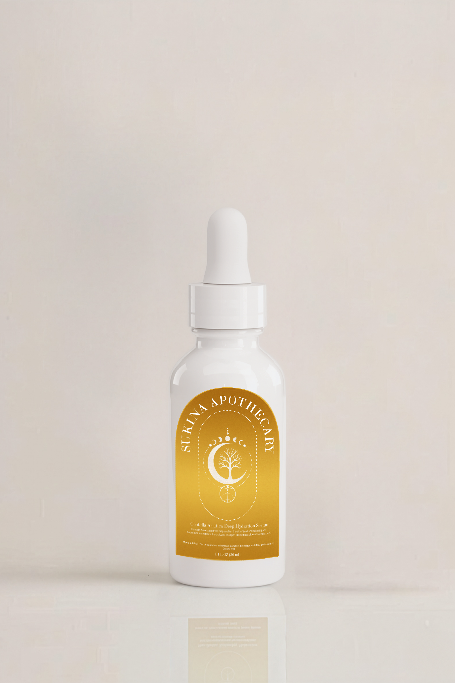 Sukina Apothecary's Centella Asiatica Snail Mucin Face Serum bottle — hydrating and repairing facial serum for glowing skin, photographed on a minimalist background.