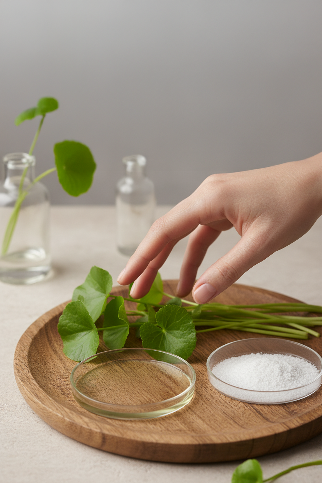 Centella Asiatica leaves and skincare ingredients in Sukina Apothecary’s natural, hydrating face serum formula.