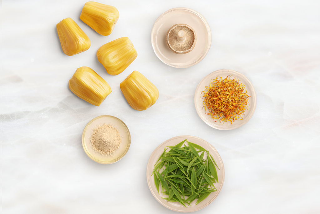 Jackfruit, rice, shiitake, tea tree, and calendula ingredients in Sukina Apothecary's Magic Fruit Brightening Serum for radiant, clear skin.