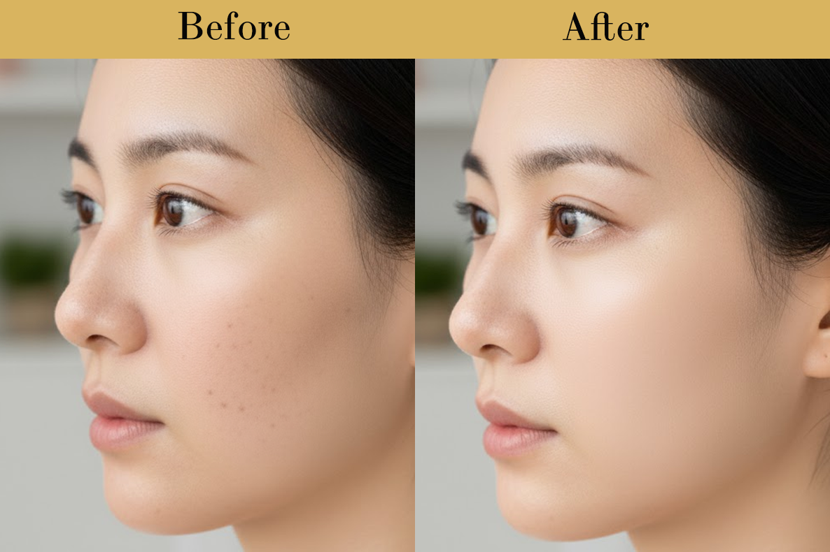 Before and after results showing improved skin texture and radiance from Sukina Apothecary Qi Renewal Collagen Peptides Powder.