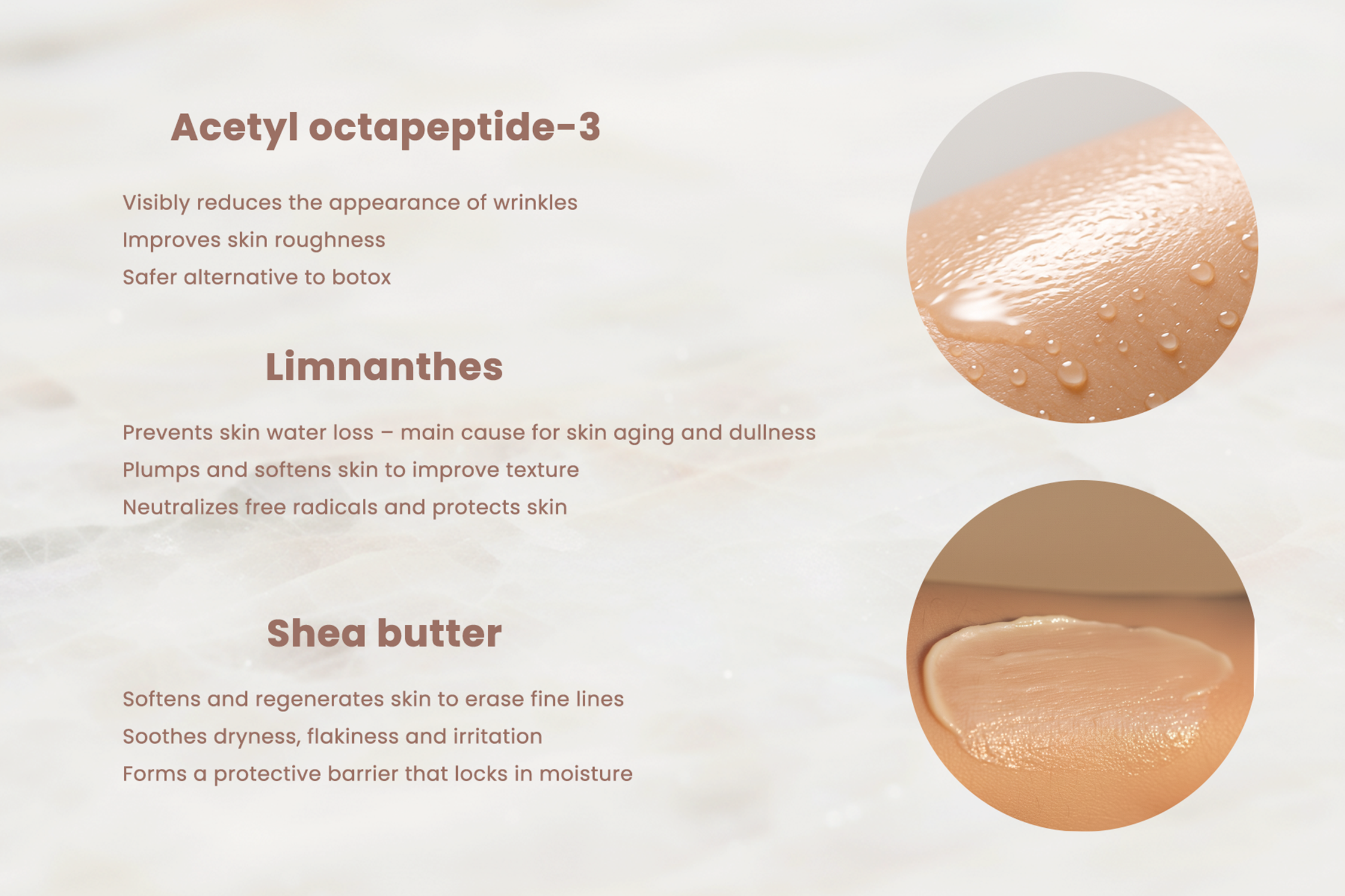 Ingredient benefits chart for Sukina Apothecary Shea Butter Anti-Aging Moisturizer with Acetyl Octapeptide-3, Limnanthes, and Shea Butter.